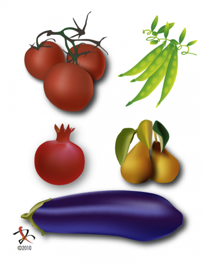 Collection of fruits, vegetables, pea pods